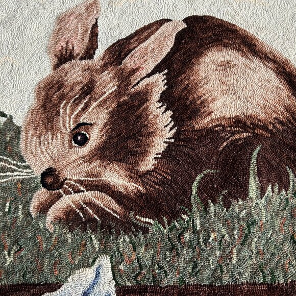 Vintage Hooked Rabbit & Morning Glory Tapestry - Picture 4 of 6